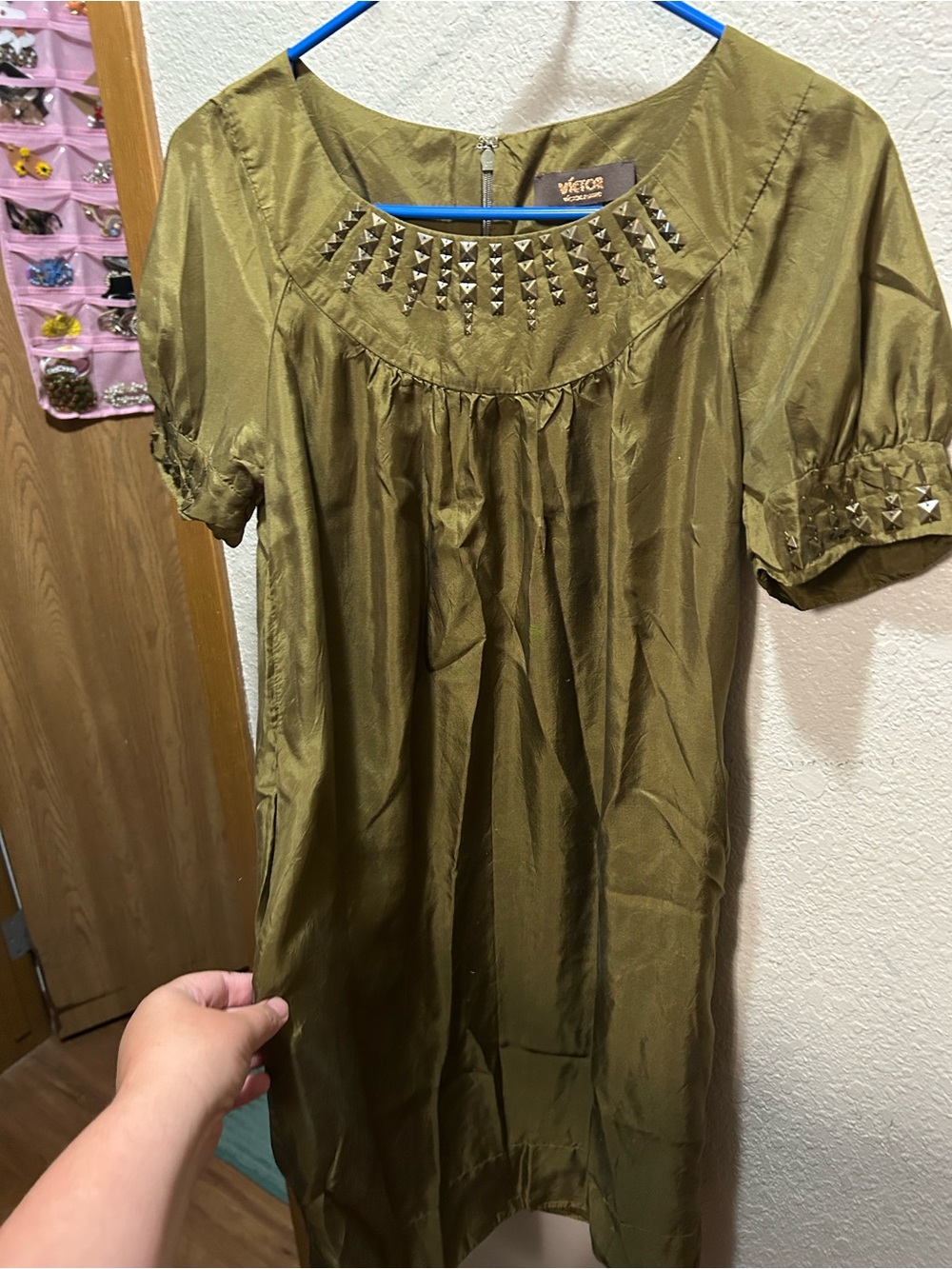 Victor Alfaro Olive Silk Mini Dress with Studded Yoke